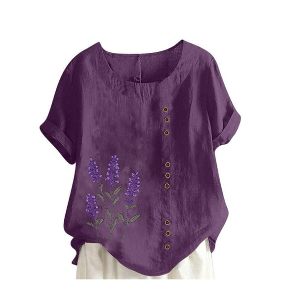 Taqqpue Cotton Linen Tops for Women Loose Fit Casual Roll Up Short Sleeve T-Shirt Trendy Cute Floral Print Blouse Crew Neck Buttons Shirts
