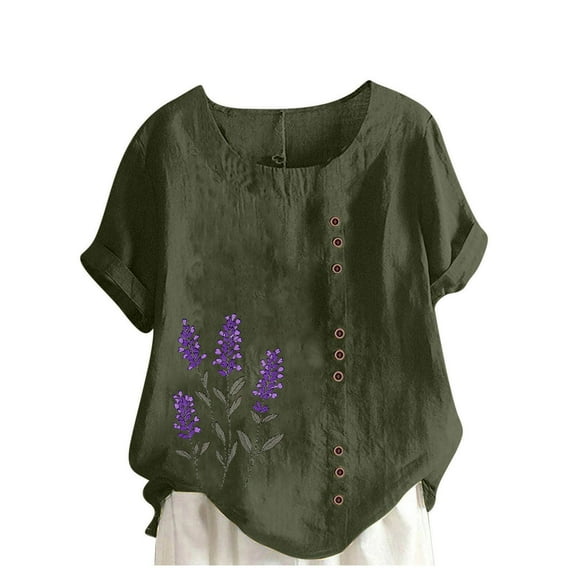 Taqqpue Cotton Linen Tops for Women Loose Fit Casual Roll Up Short Sleeve T-Shirt Trendy Cute Floral Print Blouse Crew Neck Buttons Shirts