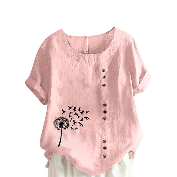 Taqqpue Cotton Linen Tops for Women Loose Fit Casual Roll Up Short Sleeve T-Shirt Trendy Cute Floral Print Blouse Crew Neck Buttons Shirts