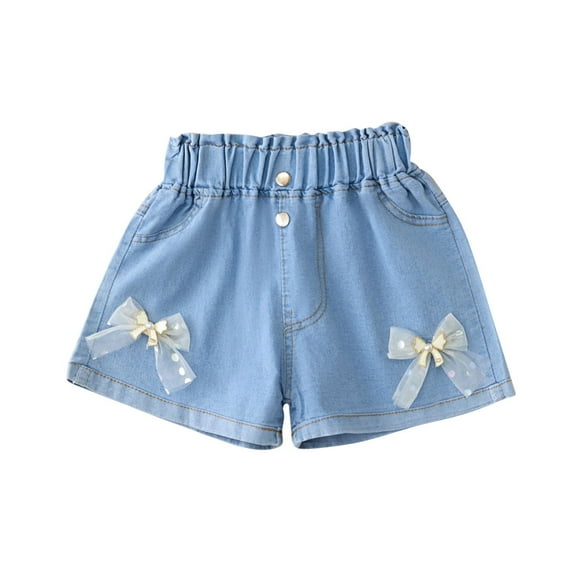 Taqqpue Denim Shorts for Girl Mid Rise Stretchy Folded Hem Hot Short Jeans Bowknot Tie Front Plus Size Shorts Casual Mid Waisted Denim Shorts with Pockets 4-13Y
