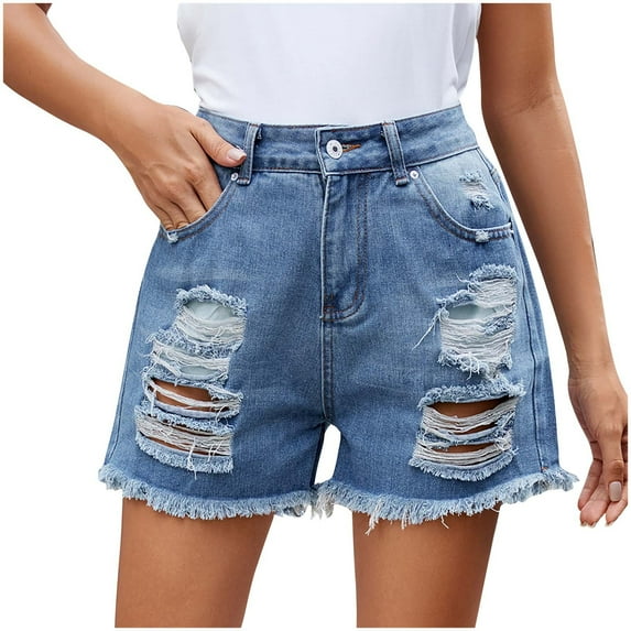 Taqqpue Denim Shorts for Women Stretchy High Waisted Ripped Jean Shorts Comfy Trendy Loose Fit Jorts Distressed Frayed Raw Hem Short Jeans On Clearance
