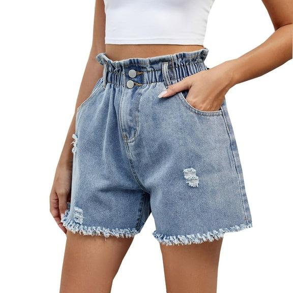 Taqqpue Denim Shorts for Women Stretchy High Waisted Jean Shorts Loose Fit Y2k Jorts Elastic Waist Distressed Frayed Raw Hem Short Jeans On Clearance
