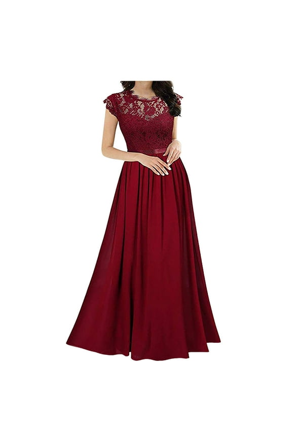 Dresses for Women Summer Sexy Chiffon Stitching Lace Short Sleeve Maxi Dress Vintage Wedding Guest Dresses Bridesmaids Dress Mopping Flowy Formal Dress