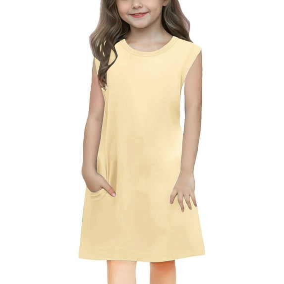 Taqqpue Dresses for Girl Summer Solid Color Crew Neck Sleeveless Dress Casual Loose Beach Tank Dress Knee Length Sundress with Pockets 4-14Y