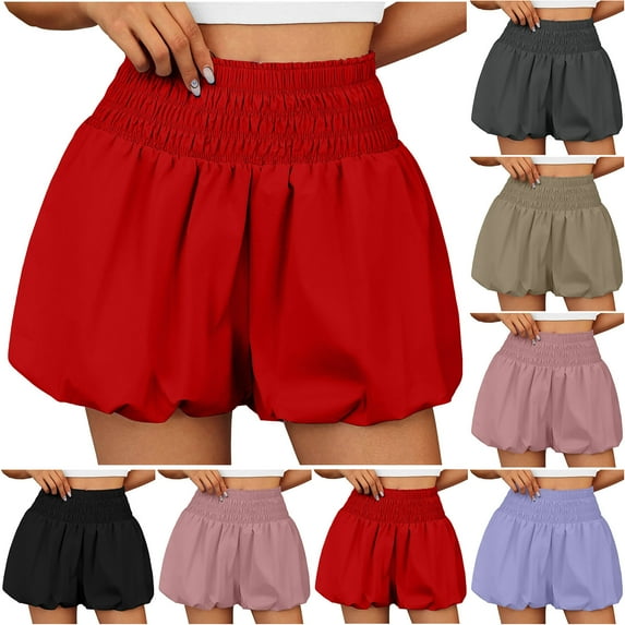 Taqqpue Flowy Shorts for Women Linen Shorts Boho Ruffle Elastic High Waisted Shorts Casual Solid Color Summer Beach Shorts