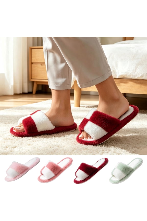 Fuzzy Open Toe Slippers Ultra Soft Slip On House Shoes Women's Color Block Fuzzy Open Toe Slide Slippers Soft House Slippers For Bedroom Daily Wear Ideal Gifts for Women Her Mom