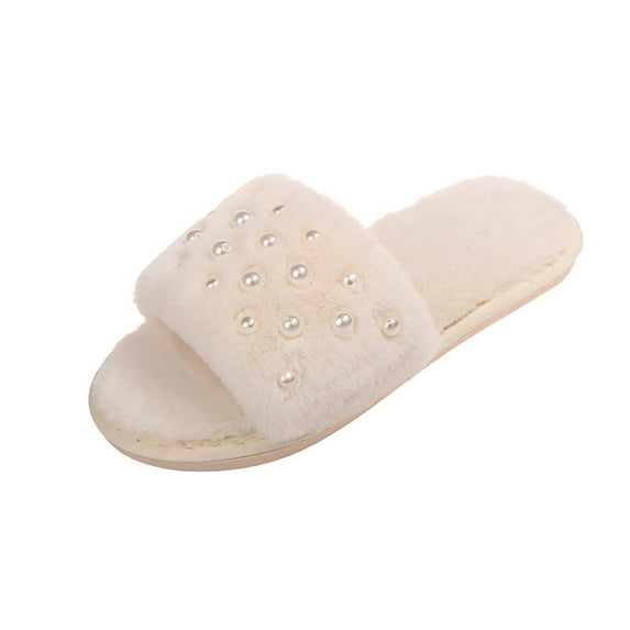 Taqqpue Fuzzy Open Toe Slippers for Women Solid Color Indoor Cozy Memory Foam Slip On House Slides Shoes Warm Home Flat Slippers Gifts for Womens Her Mom