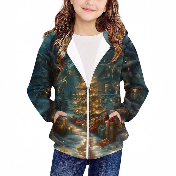 Taqqpue Girl Boys Christmas Zip Up Hoodies Casual Cotton Christmas Cute Print Lightweight Hooded Sweatshirt Loose Fit Oversize Jacket Outerwear for Kids 4-12 Years