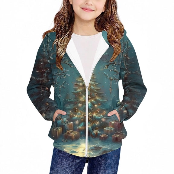 Taqqpue Girl Boys Christmas Zip Up Hoodies Casual Cotton Christmas Cute Print Lightweight Hooded Sweatshirt Loose Fit Oversize Jacket Outerwear for Kids 4-12 Years