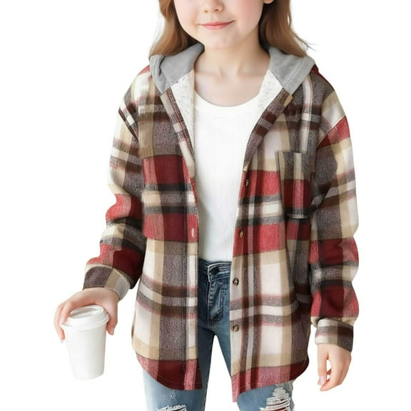 Taqqpue Girl Fleece Hoodies Casual Sherpa Hooded Flannel Jacket Outwear Cotton Plaid Button Down Shirt Jacket for Girls 4-15 Years