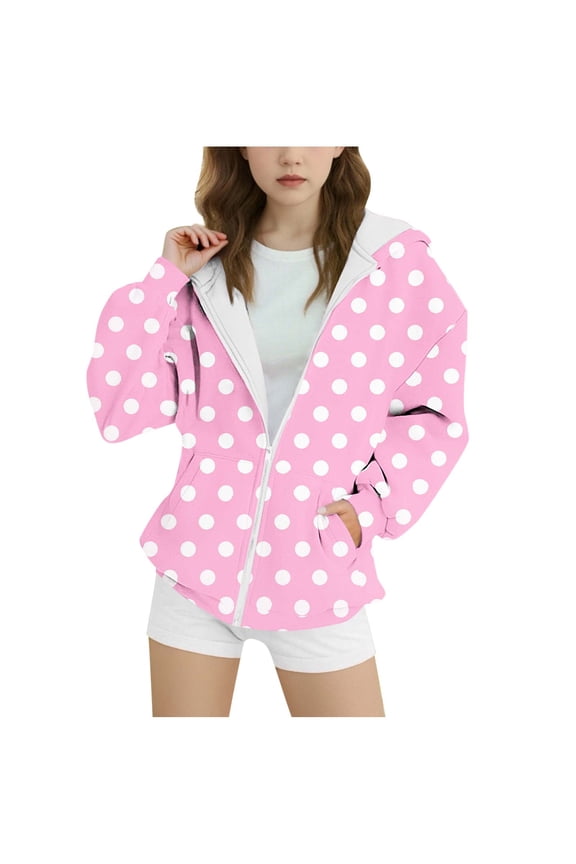 Girl Hoodie Casual Dot Printed Zip Up Jacket Tops School Outerwear Coat Loose Fit Plus Size Hooded Sweatshirt with Pockets for Kids 4-15Y