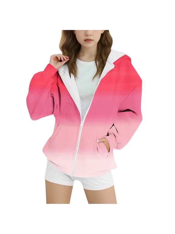 Girl Hoodie Casual Gradient Zip Up Jacket Tops School Outerwear Coat Loose Fit Plus Size Hooded Sweatshirt with Pockets for Kids 4-15Y Under 10