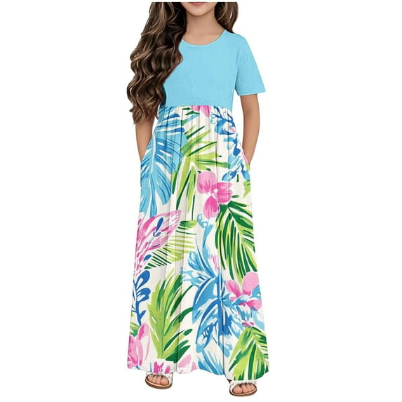 Taqqpue Girl Summer Maxi Dresses Round Neck Tropical Print Beach Dresses Casual Loose A Line T Shirt Dress Short Sleeve Flowy Plus Size Long Sundress