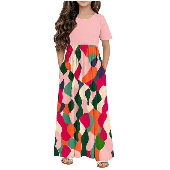 Taqqpue Girl Summer Maxi Dresses Round Neck Tropical Print Beach Dresses Casual Loose A Line T Shirt Dress Short Sleeve Flowy Plus Size Long Sundress