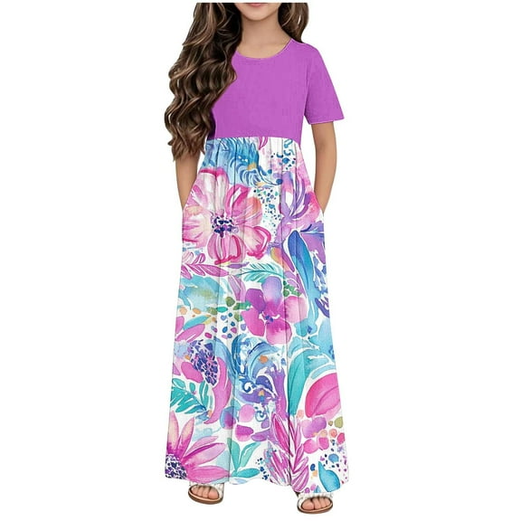 Taqqpue Girl Summer Maxi Dresses Round Neck Tropical Print Beach Dresses Casual Loose A Line T Shirt Dress Short Sleeve Flowy Plus Size Long Sundress