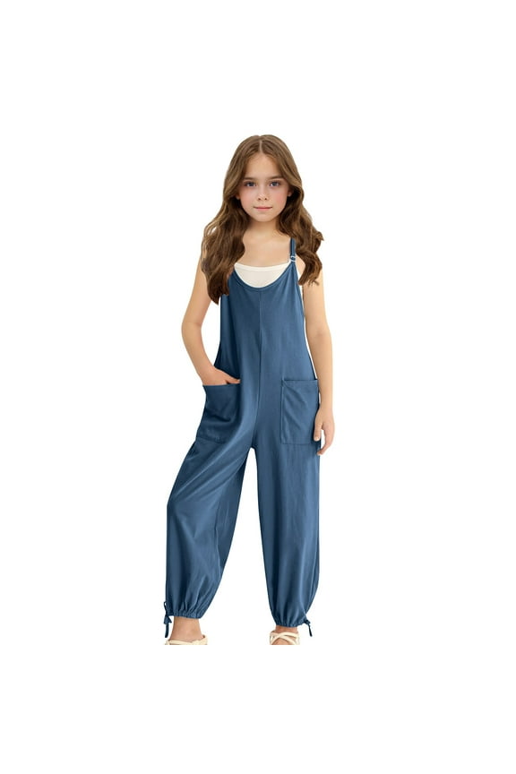 Girl's Casual Sleeveless Jumpsuits Spaghetti Straps Harem Long Overalls Loose Romper Long Pants With Pockets for Kids 5-14Y