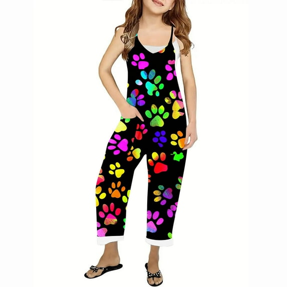 Taqqpue Girl's Casual Sleeveless Jumpsuits Spaghetti Straps Harem Long Overalls Loose Romper Long Pants With Pockets for Kids 5-14Y