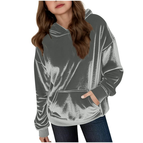 Taqqpue Girl's Velvet Hoodie Casual Solid Color Oversized Pullover Tops Loose Fit Sports Hooded Blouse Comfy Soft Long Sleeve Hooded Sweatshirt with Pockets for Kids 4-15Y