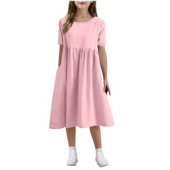 Taqqpue Girld Summer Dresses Loose Fit Casual Round Neck Solid Color Sundress Short Sleeve Maxi Dresses Flowy Long A-Line Beach Dress 5-15T