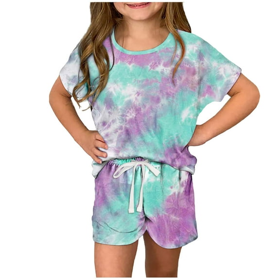 Taqqpue Girls 2 Piece Summer Outfits Short Sleeve Cute T Shirts and Loose Fit Drawstring Shorts Set with Side Pockets,Tie Dye Clothes Set for Kid 3-14Y