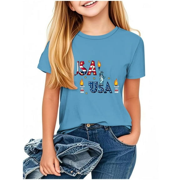 Taqqpue Girls 4th of July Shirt American Flag T-Shirts for Kids Toddler Cotton Summer Short Sleeve Crewneck Tops Patriotic Tee Tops Boys Independence Day Outfit 2-13 Years