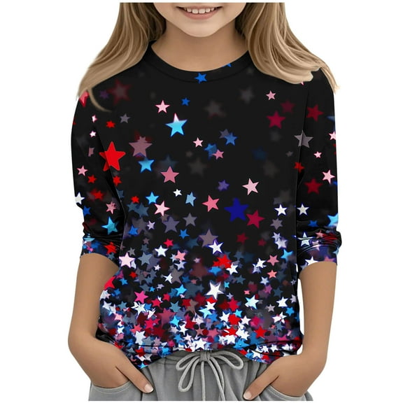 Taqqpue Girls 4th of July Shirt American Flag T-Shirts for Kids Toddler Summer 3/4 Sleeve Crewneck Tops Patriotic Tee Tops Boys Independence Day Outfit 1-13 Years