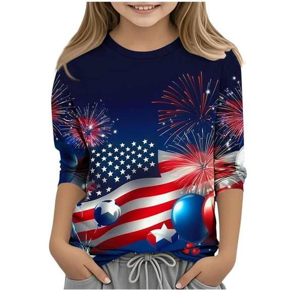 Taqqpue Girls 4th of July Shirt American Flag T-Shirts for Kids Toddler Summer 3/4 Sleeve Crewneck Tops Patriotic Tee Tops Boys Kids Independence Day Outfit 1-13 Years