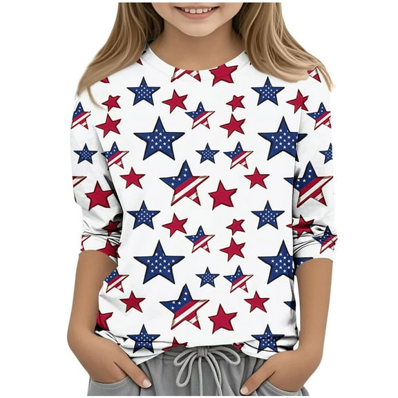 Taqqpue Girls 4th of July Shirt American Flag T-Shirts for Kids Toddler Summer 3/4 Sleeve Crewneck Tops Patriotic Tee Tops Boys Kids Independence Day Outfit 1-13 Years