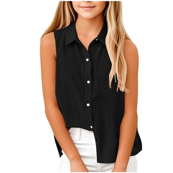 Taqqpue Girls Sleeveless Shirts Summer Casual Cotton Linen Lapel Button Down Shirt Blouse Lounge Solid Color Jackets Loose Fits Tank Tops 5-15Y