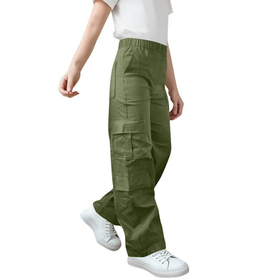 Taqqpue Girls Cargo Pants Casual Solid Color Y2K Straight Wide Leg Jogger Pants Elastic Waist Hiking Dance Baggy Trousers with Pocket for Girls 4-15Y