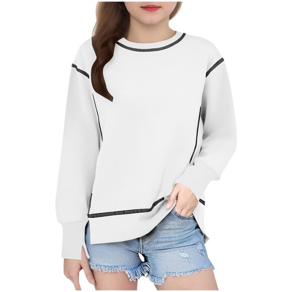 Taqqpue Girls Crewneck Sweatshirt Casual Solid Color Long Sleeve Pullover Tops Drop Shoulder Sweatshirts for Kids 6-15 Years