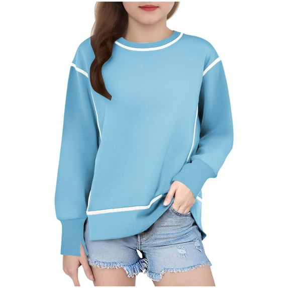 Taqqpue Girls Crewneck Sweatshirt Casual Solid Color Long Sleeve Pullover Tops Drop Shoulder Sweatshirts for Kids 6-15 Years