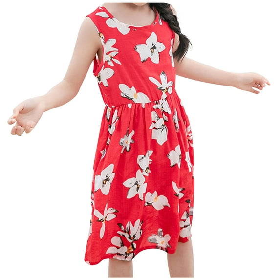 Taqqpue Girls Dresses Kids Little Girls Casual Summer Tropical Plant Graphic Print Beach Dress Sleeveless Dress Floral Dress Pleated Flowy Daily Holiday Sundress Princess Dress 150