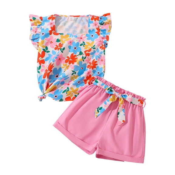 Taqqpue Girls Clothes 2 Piece Outfits Cute Kid Clothes Printed Square Ruffle Sleeve Top and Shorts Set Summer Clothes 8-13Y