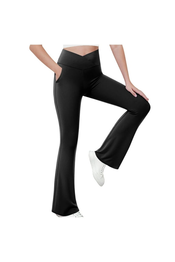 Girls Flare Leggings with Pockets, Crossover High Waist Bootcut Yoga Pants, Dance Athletic Full Length Bell Bottoms for Teen &Kids 5-15Y