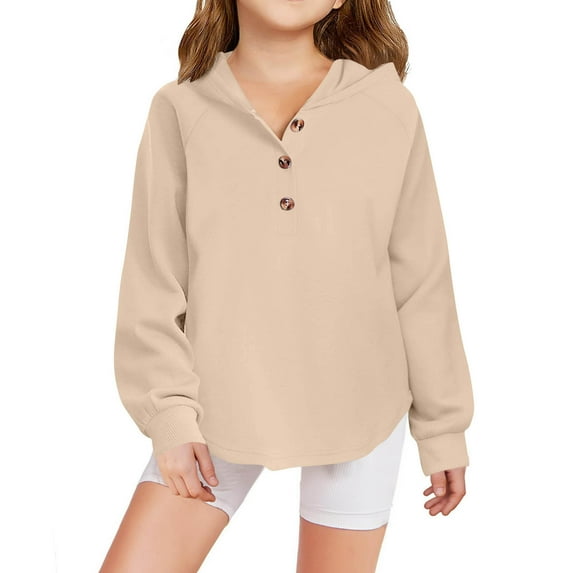 Taqqpue Girls Hoodie Fall V Neck Button Pullover Loose Fit Long Sleeve Shirts Casual Solid Color Oversize Hooded Sweatshirt for Kids 4-15Y