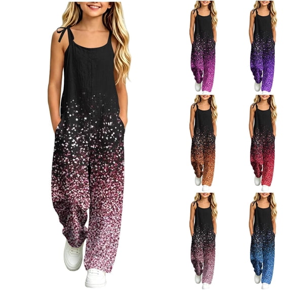 Taqqpue Girls Jumpsuit Pants Spaghetti Strap Wide Leg Sleeveless Romper with Pockets,Print Casual Loose Fit Plus Size Outfit Clothes for Girls Kids Size 5-16 Years