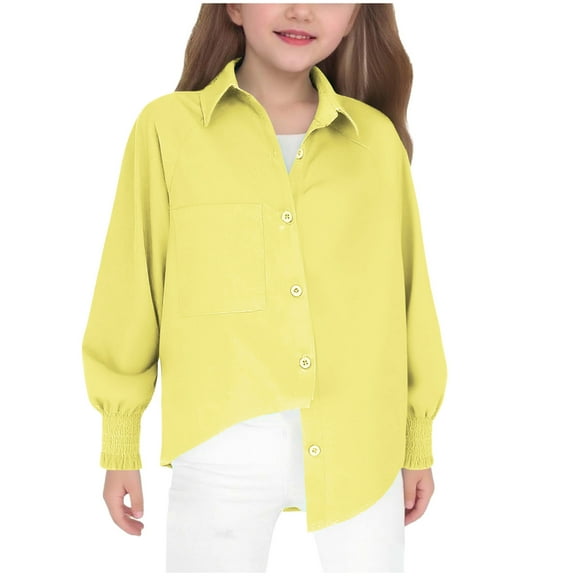 Taqqpue Girls Long Sleeve Shirts Casual Solid Color Button Down Blouse Tops Fall Loose Fit Plus Size Tee for Girls 5-14 Years