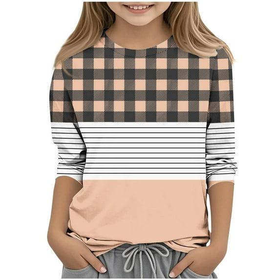 Taqqpue Girls Long Sleeve Shirts Dressy Casual Printed Crew-Neck Half Sleeve T Shirt Loose Fit 3/4 Length Sleeve Plus Size Blouse Tops for Girls 3-14Y