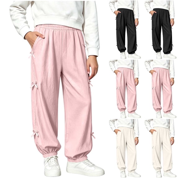 Taqqpue Girls Parachute Pants Kids Wide Leg Cargo Pants Y2K Street Trousers Casual Solid Color Elastic Waist Oversize Pants with Pockets 5-15 Years for Girls