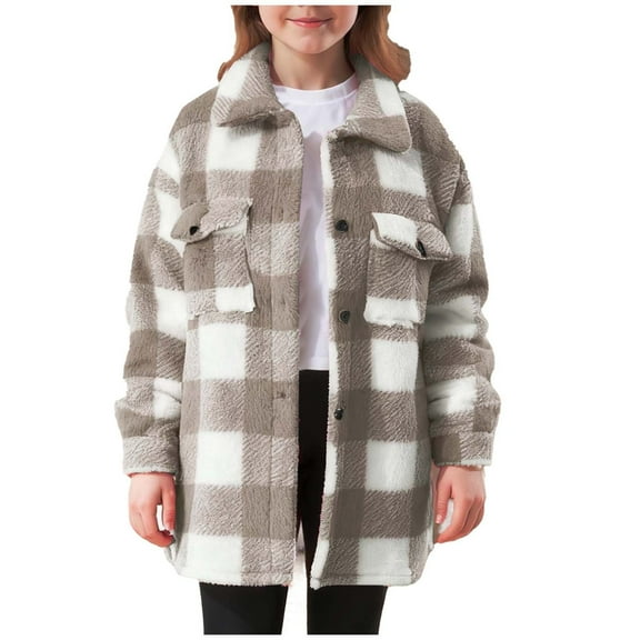 Taqqpue Girls Plaid Jacket Shirts Long Sleeve Button Down Shirt Fall Winter Plus Size Outwear Tops with Pockets for Girls 4-15 Years