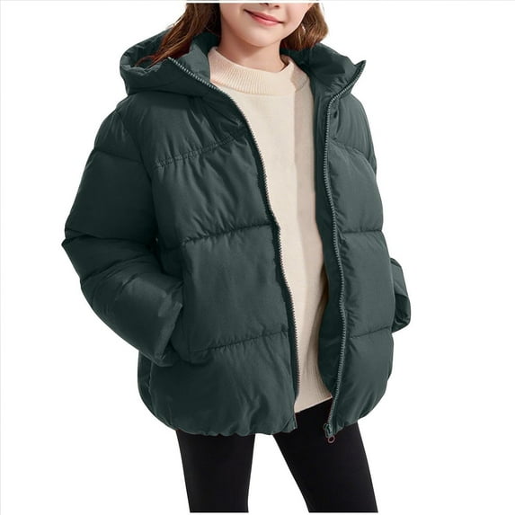 Taqqpue Girls Puffer Jackets Casual Solid Color Thick Zipper Long Sleeve Warm Winter Hooded Coats Loose Fit Winter Oversized Cotton Outwear with Pockets for Kids 2-12Y