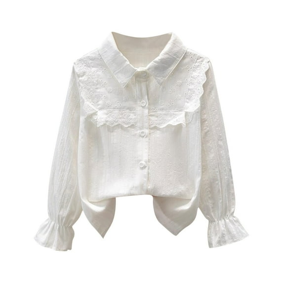 Taqqpue Girls Ruffle Long Sleeve Shirts Kids Fall Casual Button Down Shirt Embroidery Collared Cute Blouse Tops 3-14Y