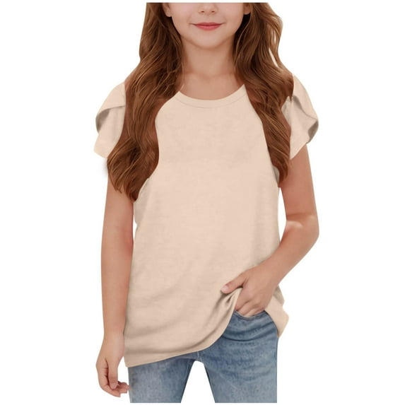 Taqqpue Girls Ruffle Short Sleeve T Shirts Crew Neck Casual Shirts Flowy Solid Color Loose Fit Blouse Cute Fashion Tees Tops 5-15 Years