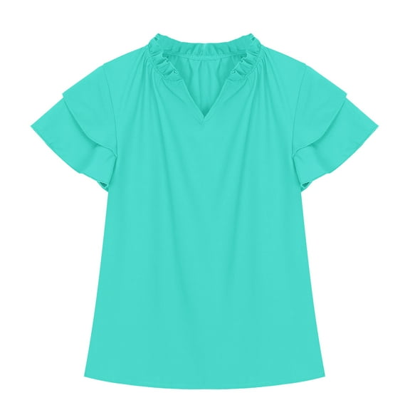 Taqqpue Girls Ruffle Short Sleeve T Shirts Kids V Neck Casual Shirts Pleated Flowy Solid Color Loose Fit Blouse Cute Fashion Tees Tops 5-14 Years