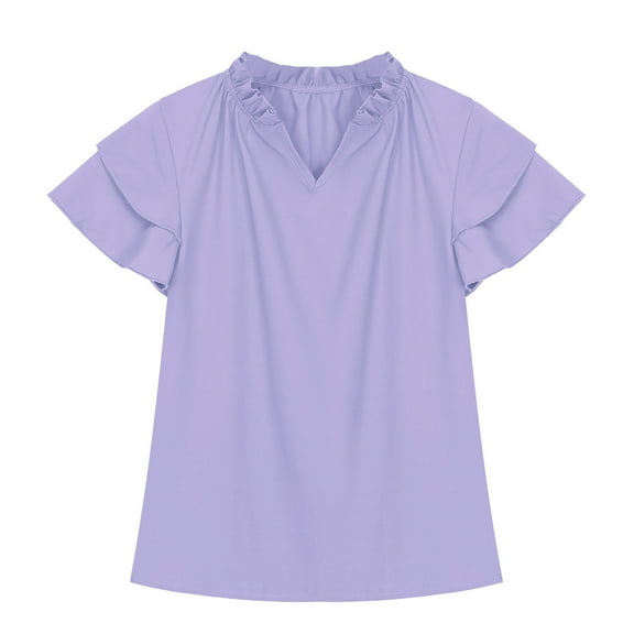 Taqqpue Girls Ruffle Short Sleeve T Shirts Kids V Neck Casual Shirts Pleated Flowy Solid Color Loose Fit Blouse Cute Fashion Tees Tops 5-14 Years