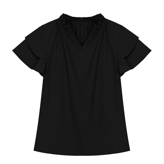 Taqqpue Girls Ruffle Short Sleeve T Shirts Kids V Neck Casual Shirts Pleated Flowy Solid Color Loose Fit Blouse Cute Fashion Tees Tops 5-14 Years