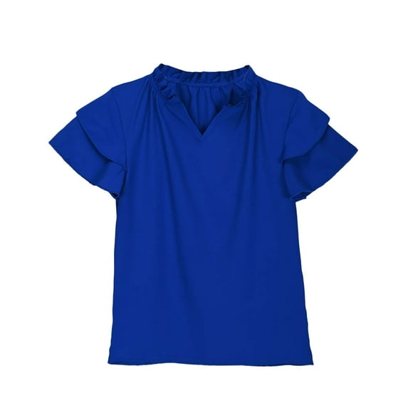 Taqqpue Girls Ruffle Short Sleeve T Shirts Kids V Neck Casual Shirts Pleated Flowy Solid Color Loose Fit Blouse Cute Fashion Tees Tops 5-14 Years
