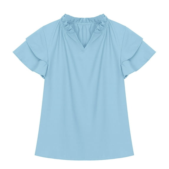 Taqqpue Girls Ruffle Short Sleeve T Shirts Kids V Neck Casual Shirts Pleated Flowy Solid Color Loose Fit Blouse Cute Fashion Tees Tops 5-14 Years