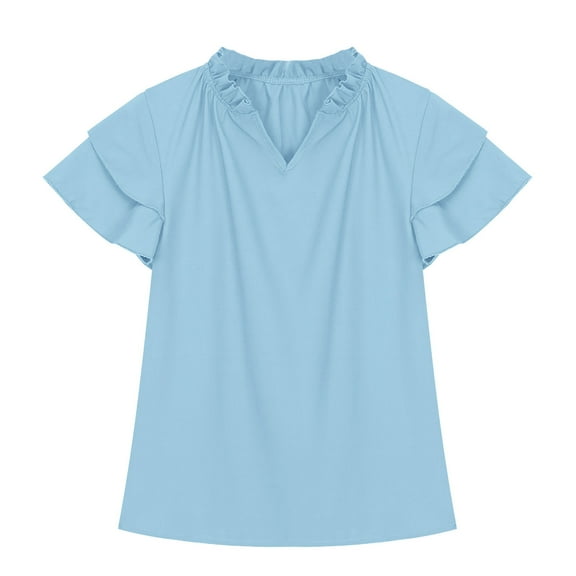 Taqqpue Girls Ruffle Short Sleeve T Shirts Kids V Neck Casual Shirts Pleated Flowy Solid Color Loose Fit Blouse Cute Fashion Tees Tops 5-14 Years